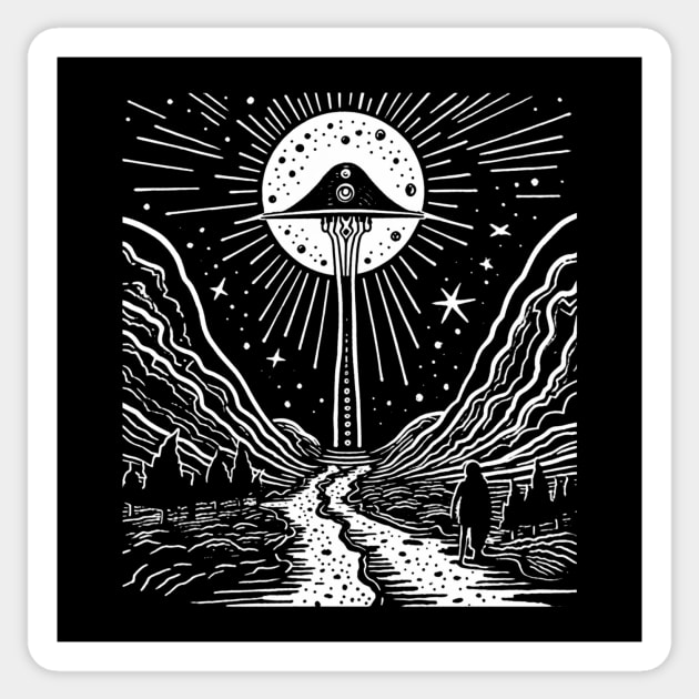 Black and White UFO Invasion Art - Monochrome Extraterrestrial Design Sticker by Soulphur Media